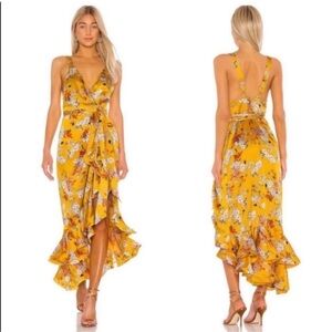 Bronx and Banco Yellow Floral Ruffle Wrap Midi Dress